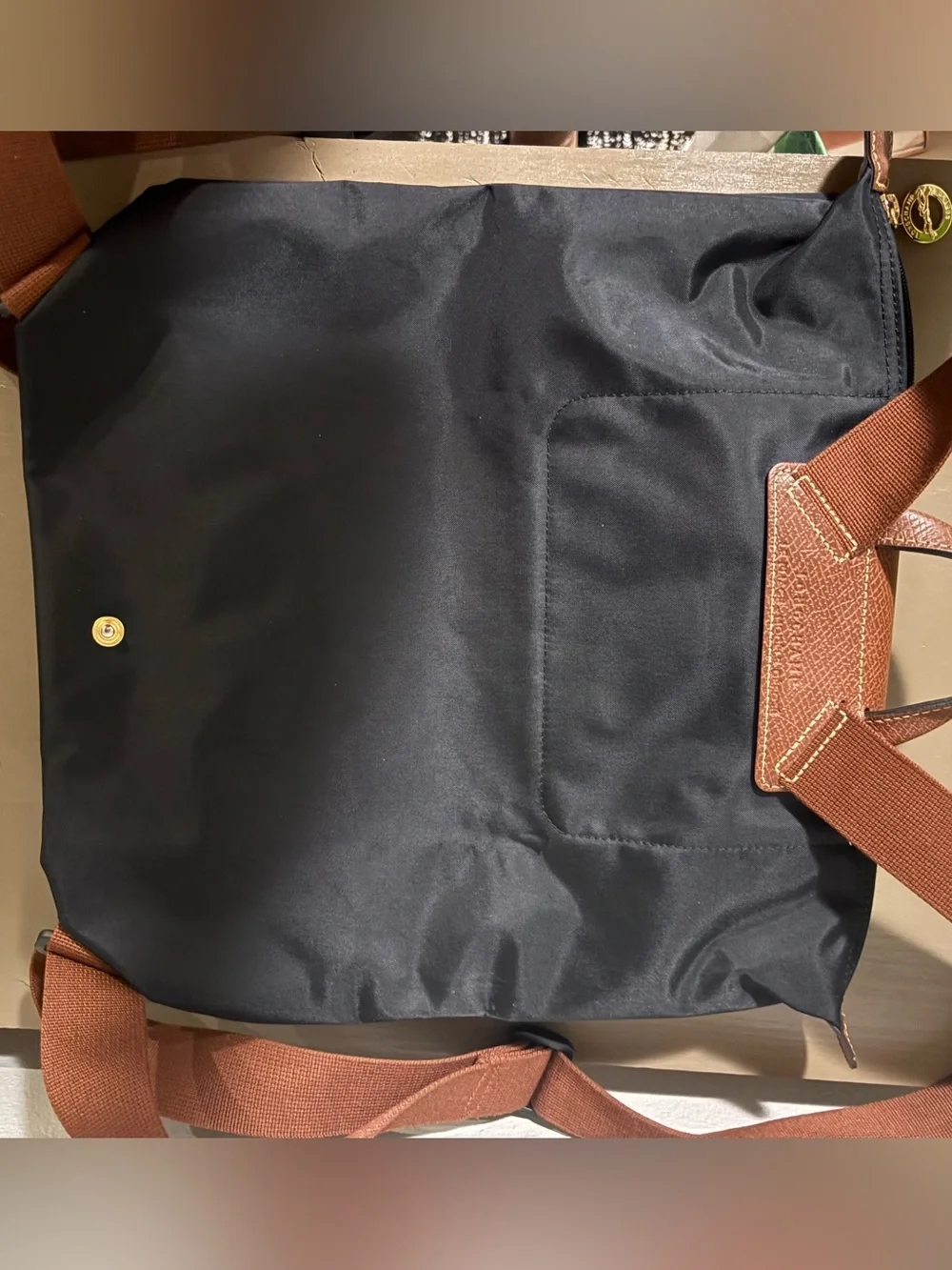Longchamp Black Nylon Backpack with Brown Leather Trim